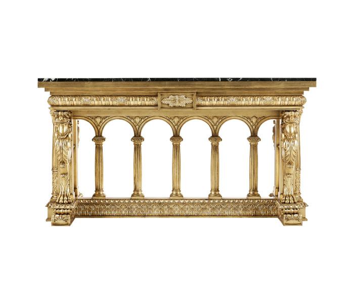 French Library Table - Gold Leaf & Nero Marquina Marble Top