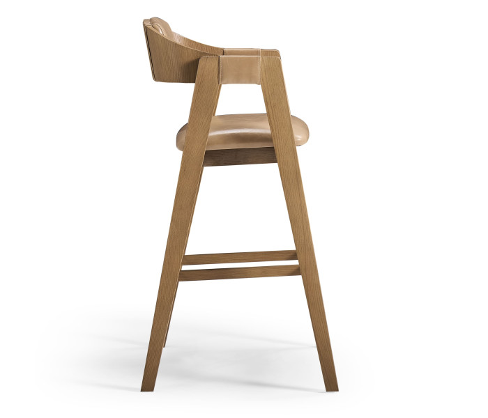 Brass, Wood And Leather Bar Stool