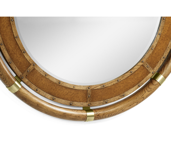Circular Nautical Style Oak and Leather Mirror