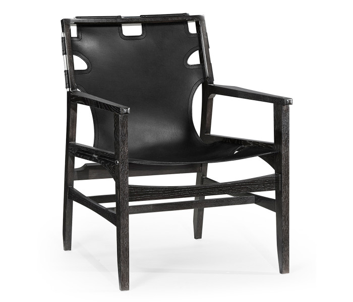 Midcentury Style Slung Black Leather & Black Mocha Oak Easy Chair