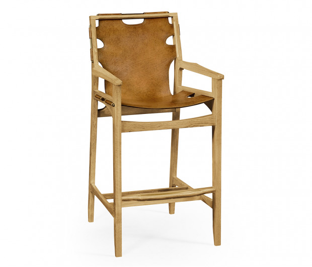 Midcentury Style Slung Leather & Light Oak Bar Stool