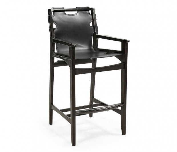 Midcentury Style Slung Black Leather & Black Mocha Oak Bar Stool