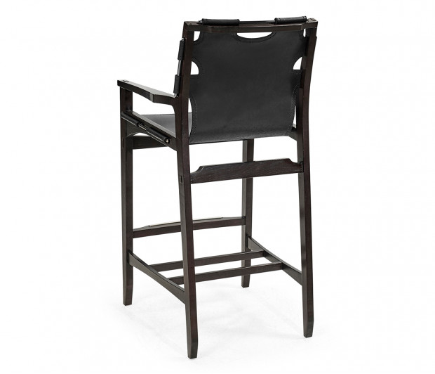 Midcentury Style Slung Black Leather & Black Mocha Oak Bar Stool