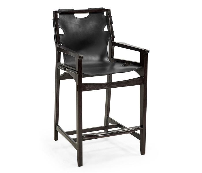 Midcentury Style Slung Black Leather & Black Mocha Oak Counter Stool