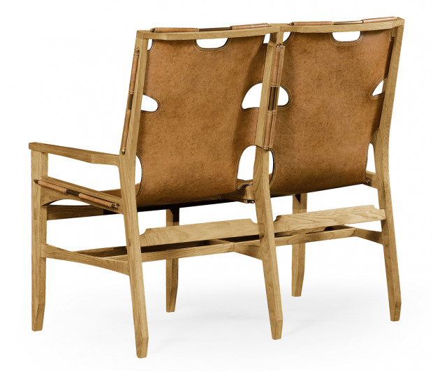 Midcentury Style Slung Leather & Light Oak Two Seat Bench