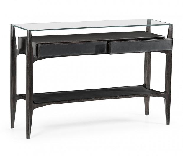 Architects Black Leather & Black Mocha Oak Console Table with Drawers and Glass Top