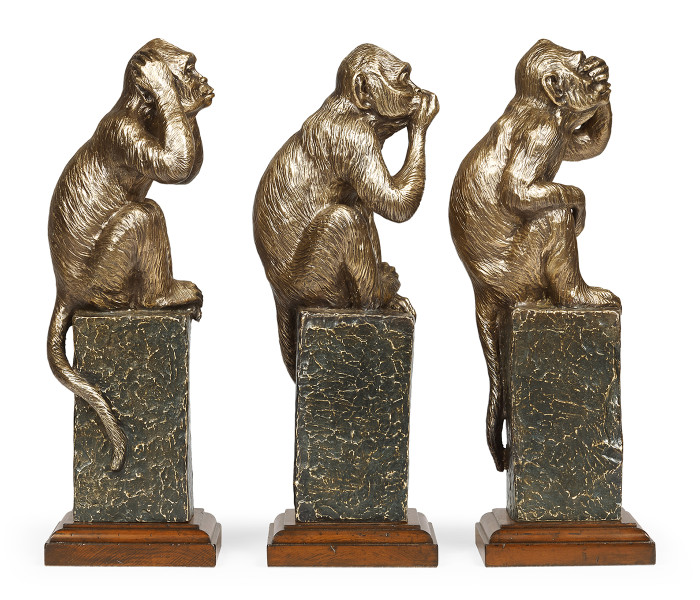 Three Antique Light Brown Brass Wise Monkeys