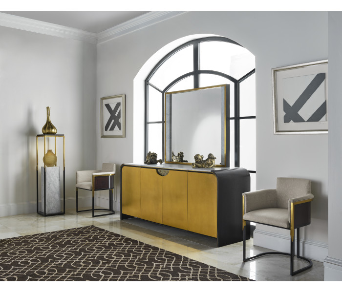 Contemporary Square Ebonised Oak & Brass Pedestal with White Calcutta Marble Centre