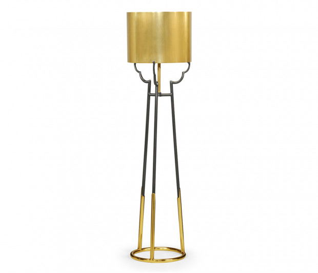 Contemporary Antique Satin Gold Brass & Black Stainless Steel Floor Lamp