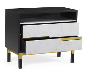 Contemporary Ebonised Oak & White Calcutta Marble Bedside Chest of Drawers