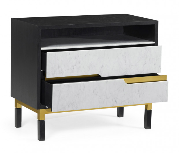 Contemporary Ebonised Oak & White Calcutta Marble Bedside Chest of Drawers