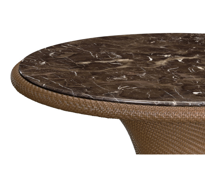 Round Tan Rattan Dining Table with a Dark Marble Top