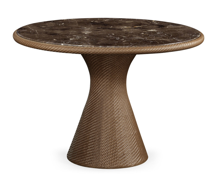Round Tan Rattan Dining Table with a Dark Marble Top