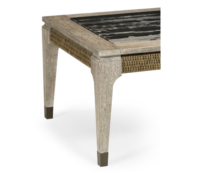 Rectangular Navajo Sand & Rattan Coffee Table With A Black Marble Top
