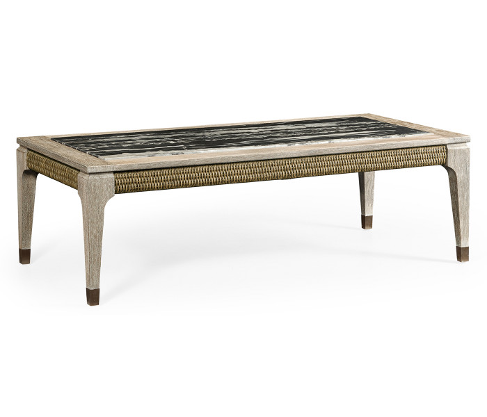 Rectangular Navajo Sand & Rattan Coffee Table With A Black Marble Top