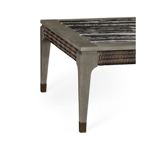 Square Grey & Rattan Coffee Table With A Black Marble Top