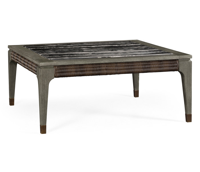 Square Grey & Rattan Coffee Table With A Black Marble Top