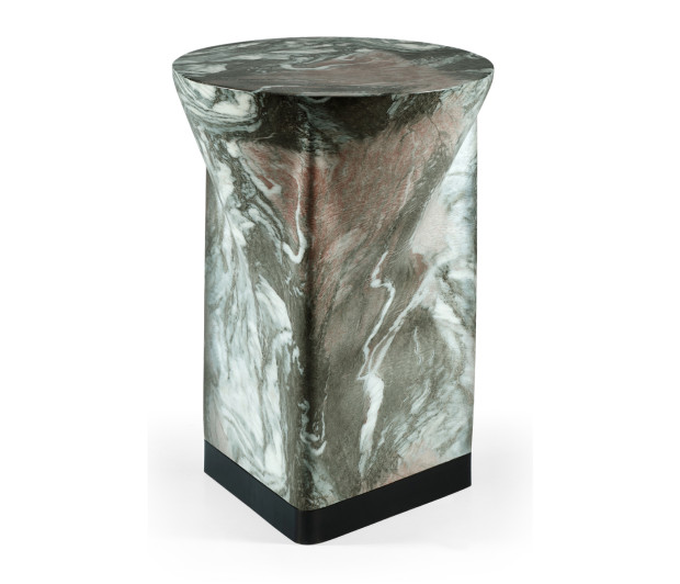 Round to L-Shape Faux Black & Grey Marble End Table
