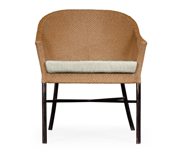 Rounded Back Mocha Steel & Tan Rattan Dining Chair with Cushion